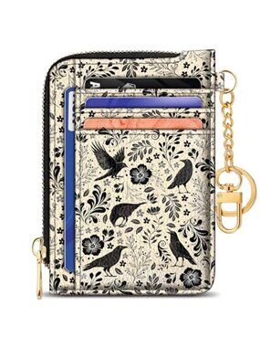 Goth Crow RFID Card Holder Wallet Zipper Coin Purse Slim Keychain ID Case